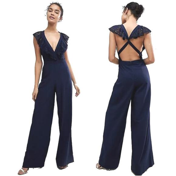 ASOS Twist Back Lace Ruffle Plunging V Neck Wide Leg Jumpsuit Blue 8 NWT - Picture 1 of 10